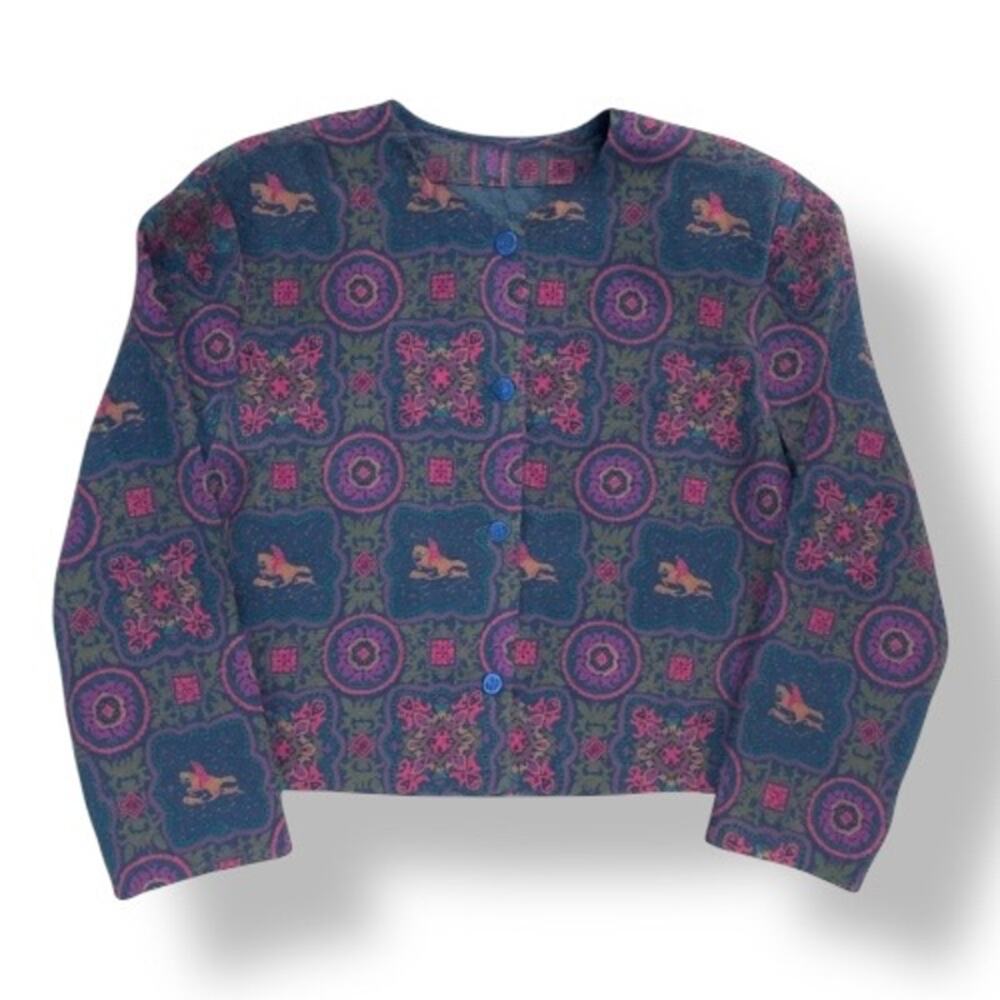 Vintage 90s Karen Scott Collections Navy Blue Equestrian Horse Bit Print Jacket